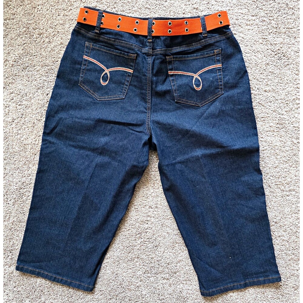 Cato Dark Wash Denim Capri Pants Sz 14 Orange Belt Embroidered Pocket READ